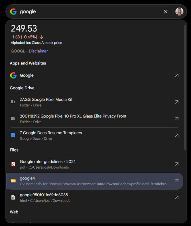 Search results for the search term Google when using the Google App for Windows
