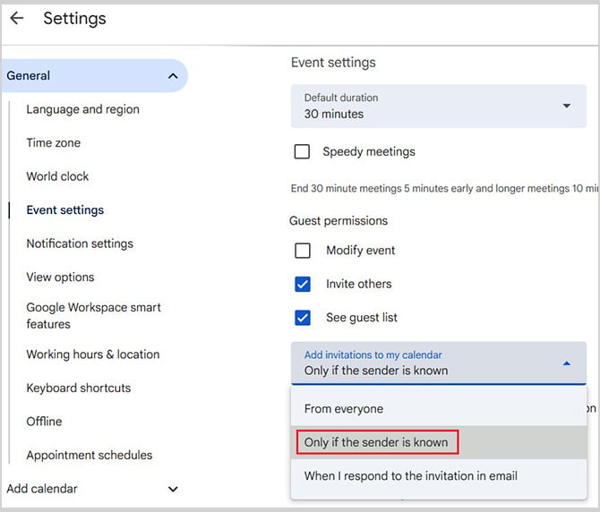 Screenshot of Google Calendar Event Settings with 'Only if the send is known' selected under 'Add invitations to my calendar'