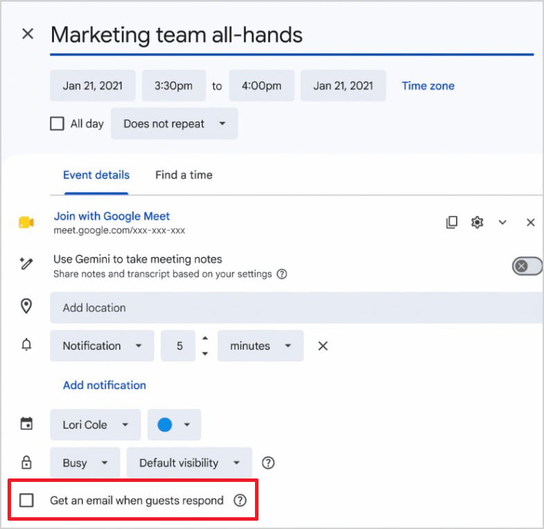 Google Calendar meeting creation window shows the unchecked box for Get an email when guests respond highlighted in a red box.