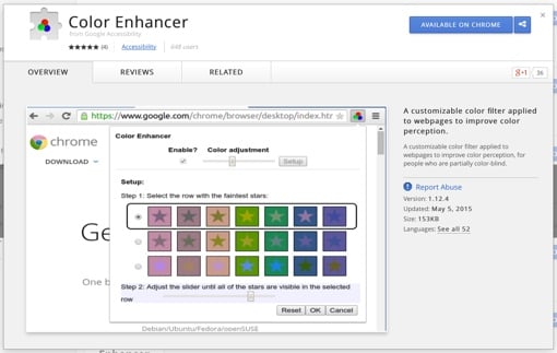 Google Chrome Color Enhancer window