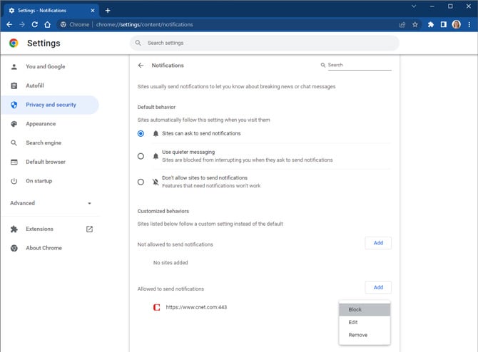 Screenshot of Google Chrome notifications settings showing a popup menu next to CNET's URL. The options are Block, Edit, and Remove.