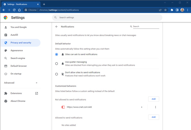 Screenshot of Google Chrome notifications settings showing CNET's URL on the Not allowed to send notifications list.. 
