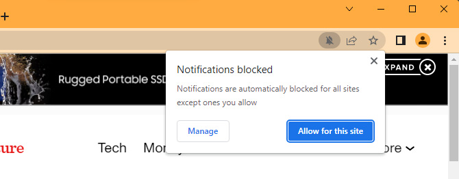 Screenshot of Google Chrome showing the quieter mail icon and the popup you see when you click the bell.  The text in the window reads: Blocked notifications.  Notifications are automatically blocked for all sites except the one you allow.  There are two buttons: Manage and Authorize for this site. 
