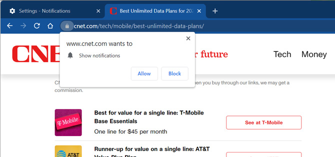 Screenshot of CNET website with a pop up saying www.cnet.com wants to Show notifications with buttons Allow and Block. 