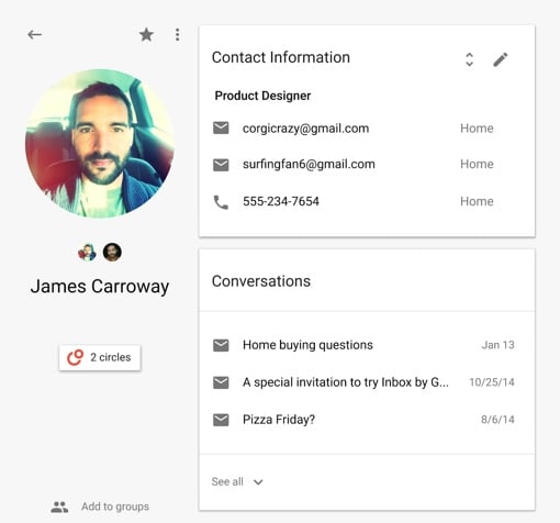 sample Google Contacts card