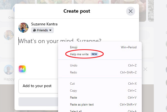 Screenshot of Help Me Write feature in Chrome browser on the Facebook site.