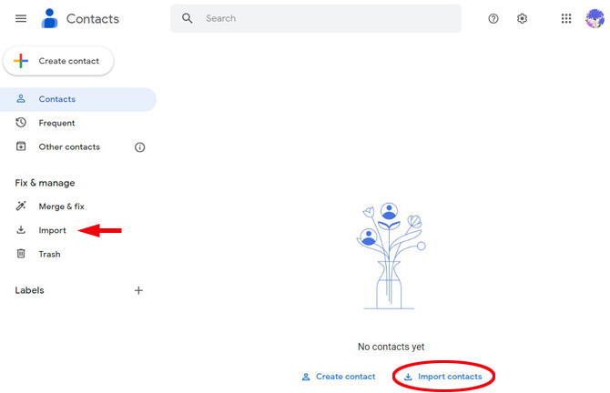 Screenshot of Google Contacts Settings. Import is pointed out in the left nav bar and circled at the bottom of the screen. 