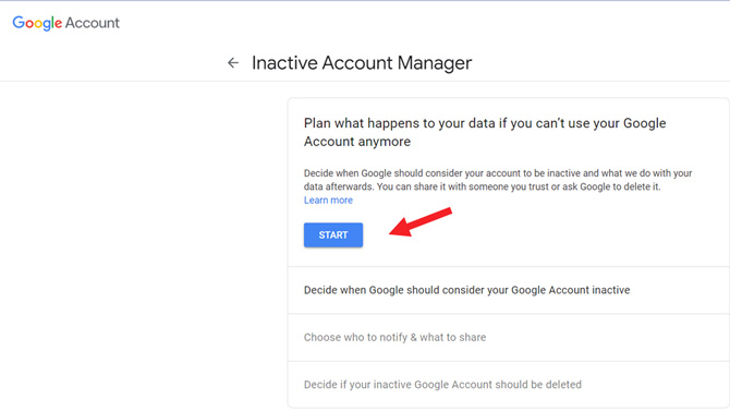 Screenshot of Google's Inactive Account Manager showing the Start button pointed out,