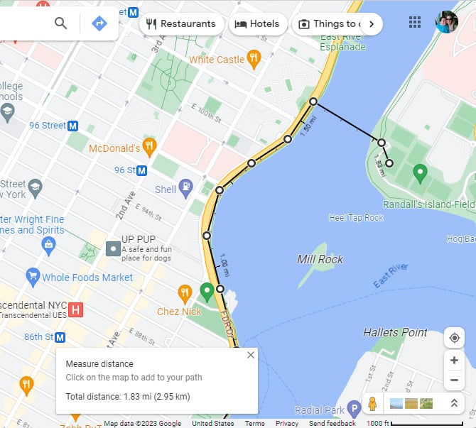 Screenshot of Google Maps in the Chrome desktop browser showing the distance using multiple points..