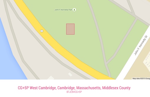 Map and Plus code for John F. Kennedy Park in Cambridge, MA