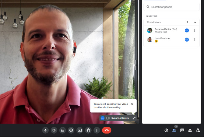 Screenshot of Google Meet showing the message: You are still sending your video to others in the meeting.