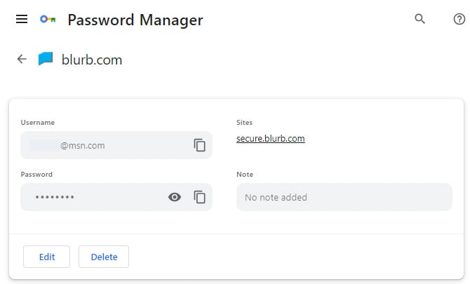 Screenshot of Chrome showing an individual password page. You can see the fields for URL, Password, User name, and Notes.