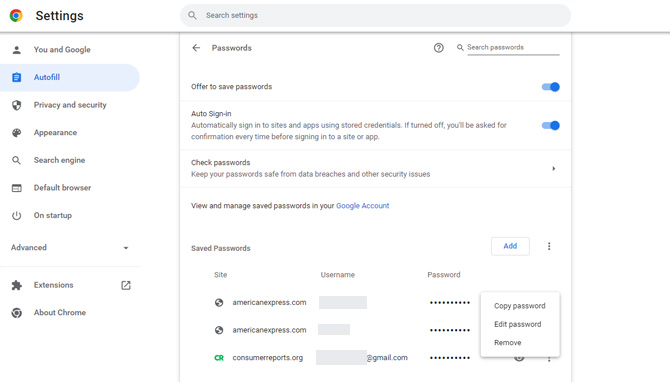 Screenshot of Chrome Settings showing the Autofill Password page. You can see the offer to save passwords, auto sign-in, Check password, view and manage saved passwords and a list of saved passwords. You can see the option to copy password, edit password and remove for one of the saved passwords. 