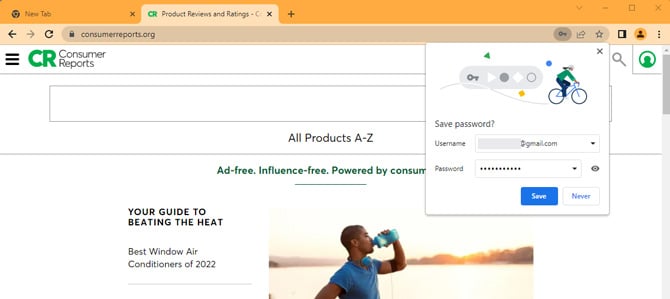 Screenshot of Chrome showing a popup asking to remember the username and password for Consumer Reports site.