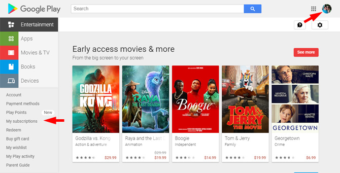 Screenshot of Google Play website showing the Subscriptions option on the menu that pointing out where to find your account.