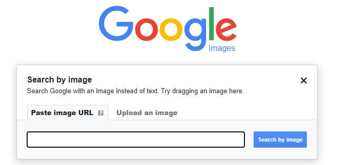 Google Images page with Search by image box. In the box are the instructions: Search Google with an image instead of text. Try dragging an image here. Below are two tabs: Paste image URL (selected) and Upload an image. Below is a search box and a button entitled Search by image.