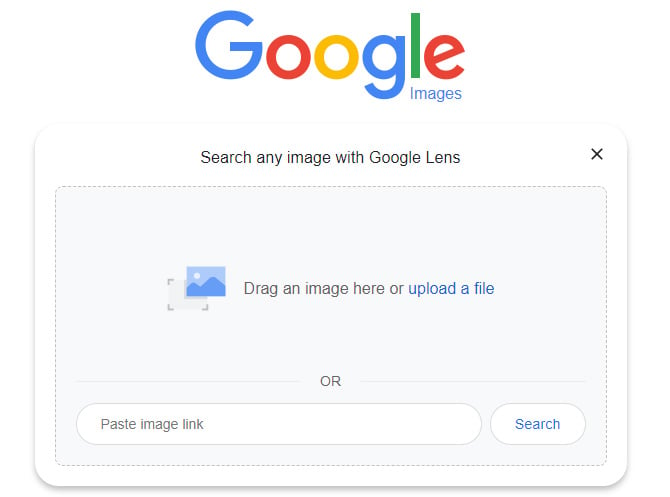 Google Images page with Search by image box. You have the option to drag and drop and image, upload a file or past an image link.