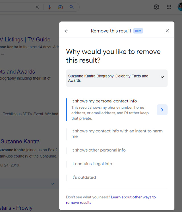 Screenshot of Google Search results showing the Would you like to remove this result? popup with the options: It shows my personal contact info, it shows my contact info with an intent to harm me, it shows other personal info, contains illegal info, outdates.  