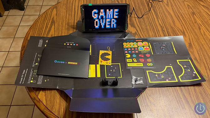 The Govee Pixel Light is shown with the words Game Over and the contents of the box it came in.