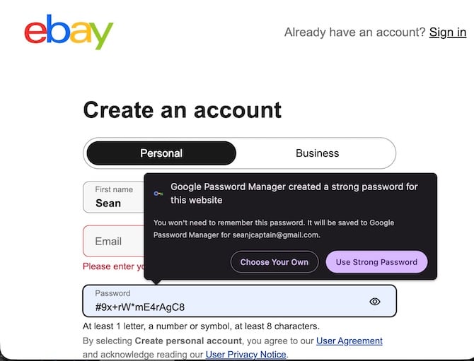 Screen showing how Google Password Manager will generate a password for you
