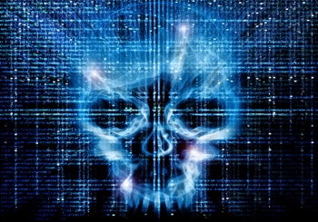 Skull superimposed over computer code