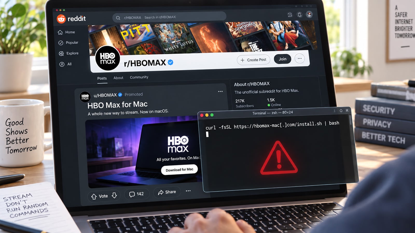 Laptop displaying the r/HBOMAX Reddit page with a fake “HBO Max for Mac” promoted post and an overlaid Terminal window showing a suspicious command and warning icon.