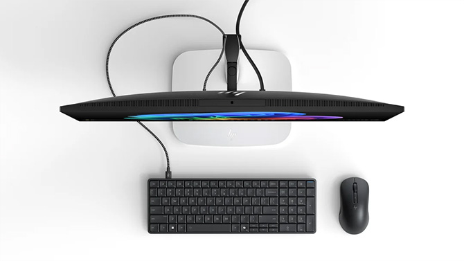 HP EliteBoard G1a keyboard is shown plugged into a monitor