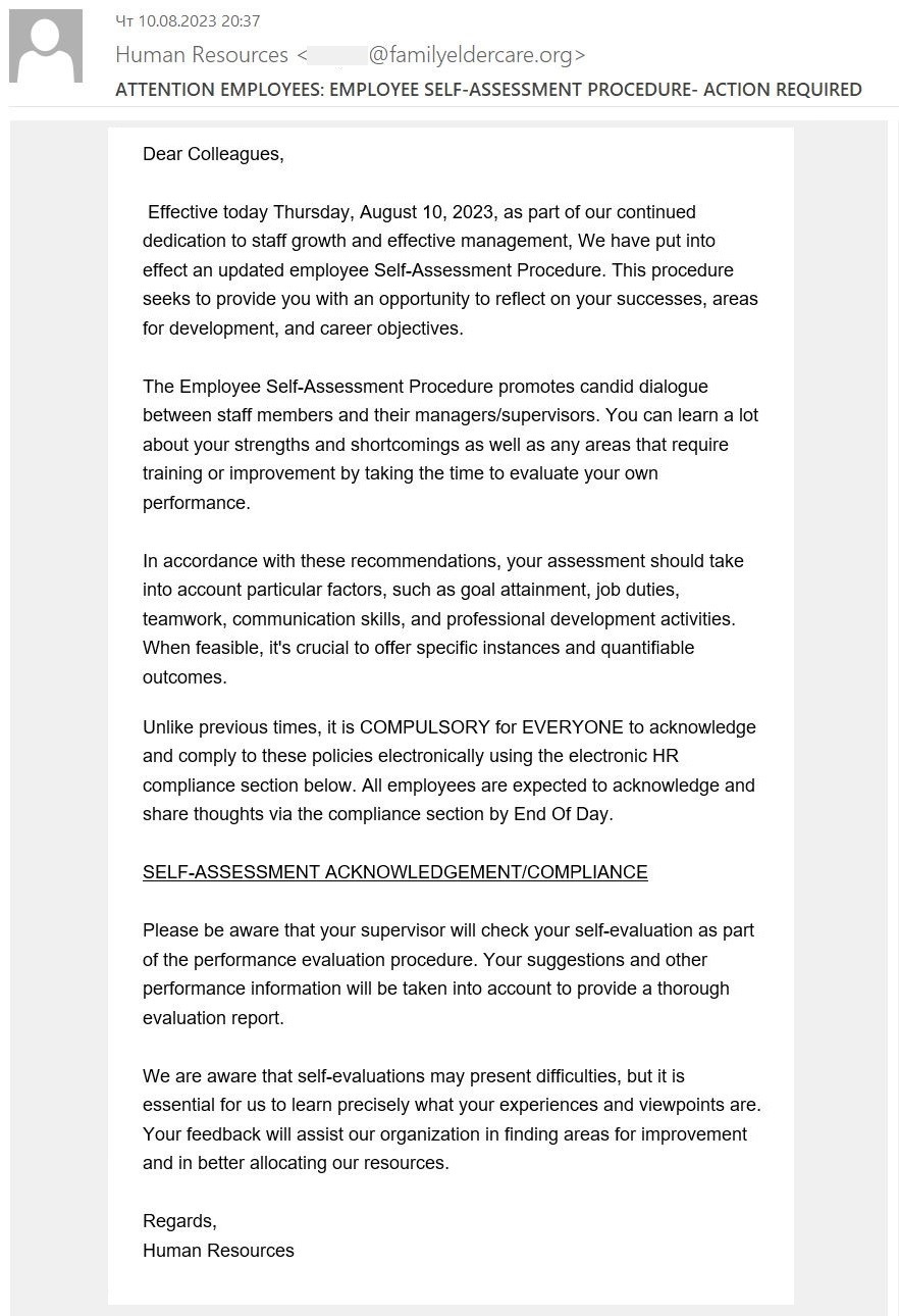 Sample email entitled ATTENTION EMPLOYEES: EMPLOYEE SELF-ASSESSMENT PROCEDURE - ACTION REQUIRED. You can see the words Compulsory, Everyone and End Of Day in capital letters.