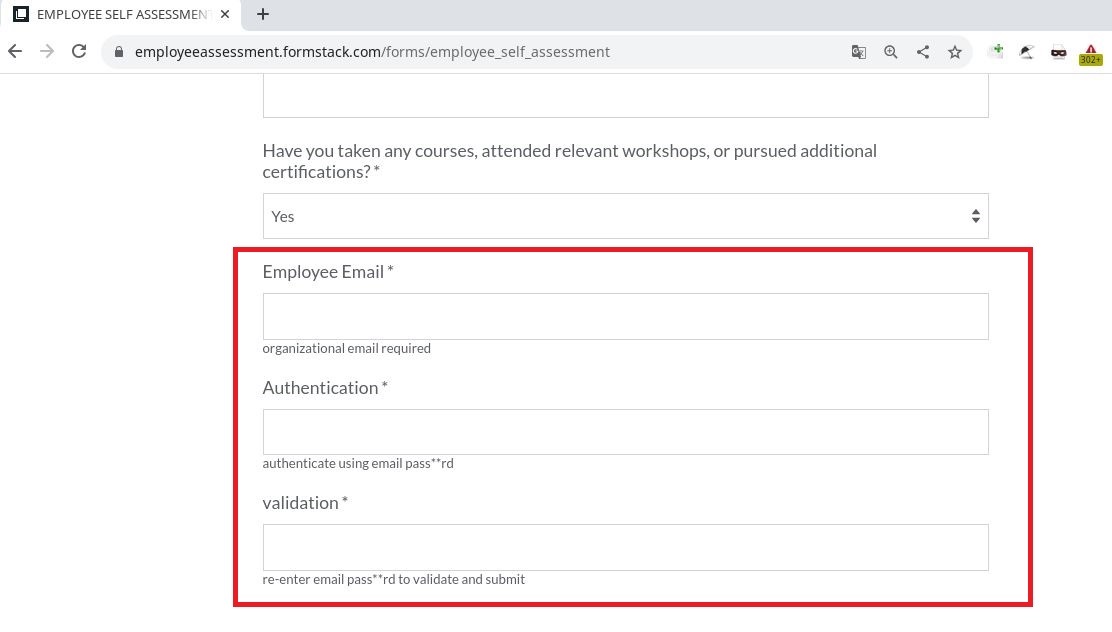 Sample of a form that requests account information at the end of an employee self-evaluation form.