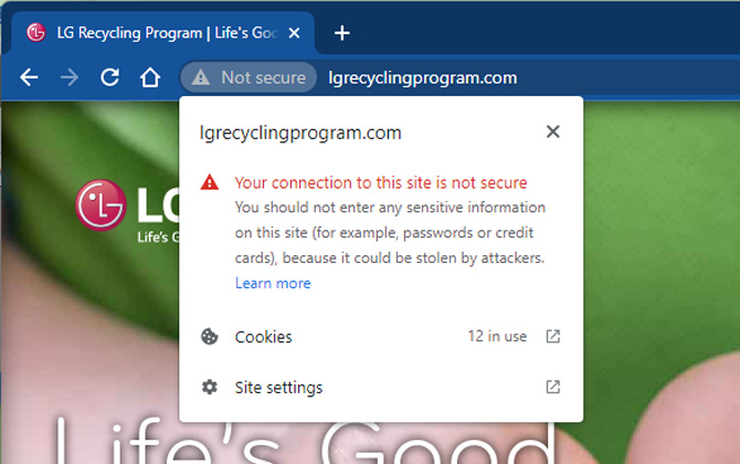 Screenshot of LG Recycling Program webpage with the Not Secure warning open.