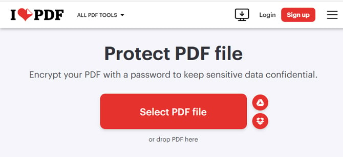 ILovePDF website showing encrypt PDF option