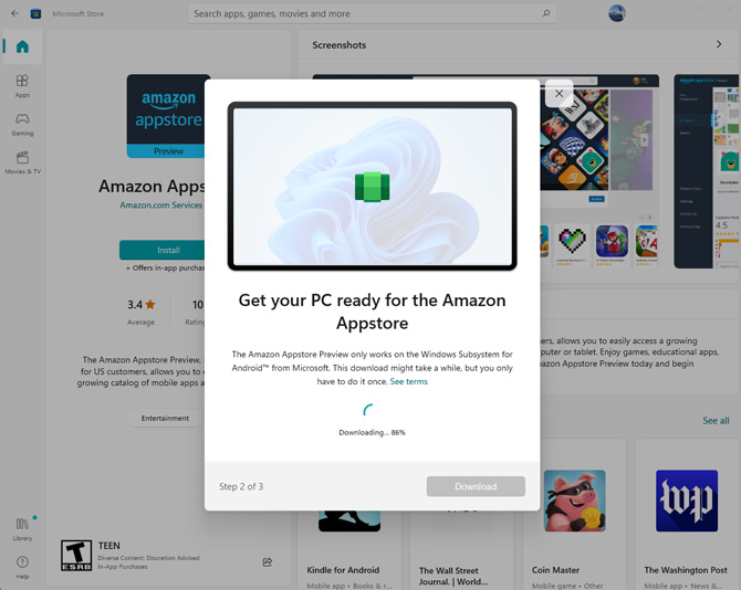 Screenshot of Microsoft Store installation of Amazon Appstore. You see a popup with the message: Get you PC ready for the Amazon Appstore.