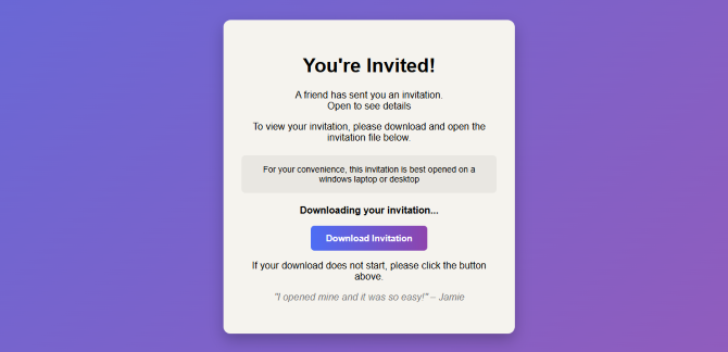 invitescam landing page showing button reading download invitation