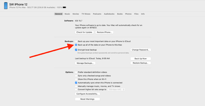 Screenshot of iPhone backup on MacOS. In the Backups section, the option to Back up all of the data on your iPhone to this Mac is pointed out and the box next to Encrypt local backup is checked..