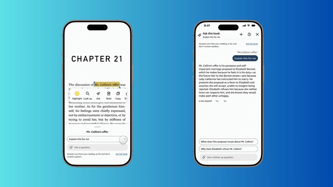Two image of kindle for iPhone screens. First shows someone highligitng on the text. The next show the answer provided abou the text