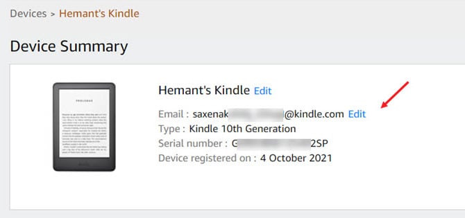 Screenshot of Amazon Devices screen showing the email address for a Kindle.