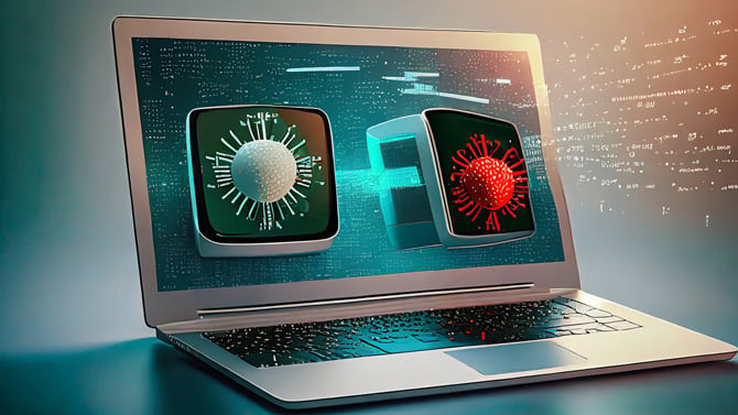 Concept of a laptop running two anti-malware programs simultaneously.