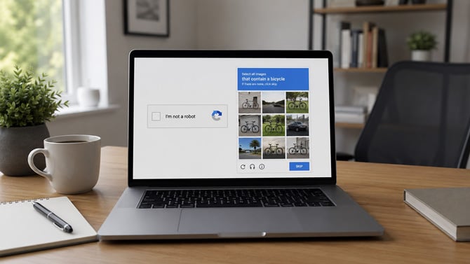 Concept image of a laptop with a real CAPTCHA on the display.