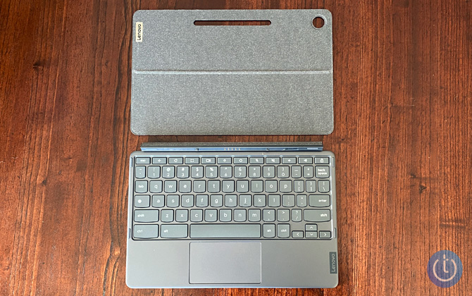 Lenovo Chromebook Duet 3 folio case pieces with the keyboard on the left and the back piece with the kickstand on the right.