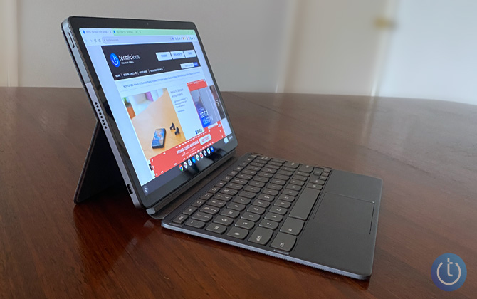 Lenovo Chromebook IdeaPad Duet 3 with folio keyboard case on shown from the front left side on a table. 