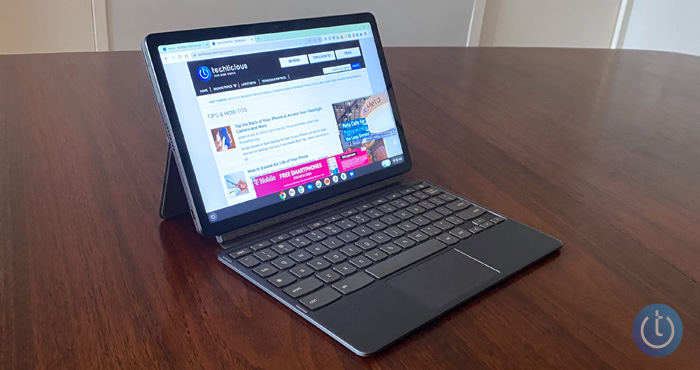 Lenovo Chromebook IdeaPad Duet 3 with folio keyboard case on shown from the front left side on a table.