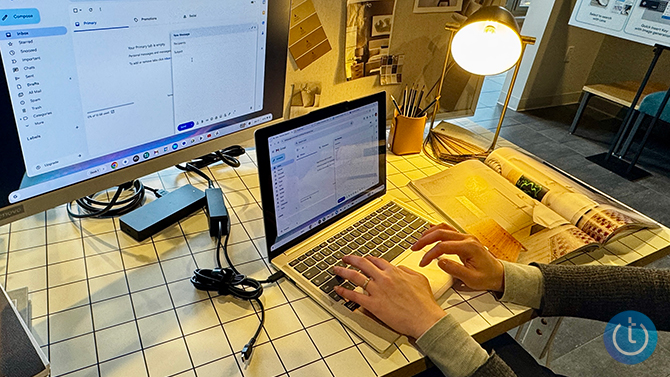 Lenovo Chromebook Plus 14 Gen 10  shown on a desk attached to a monitor