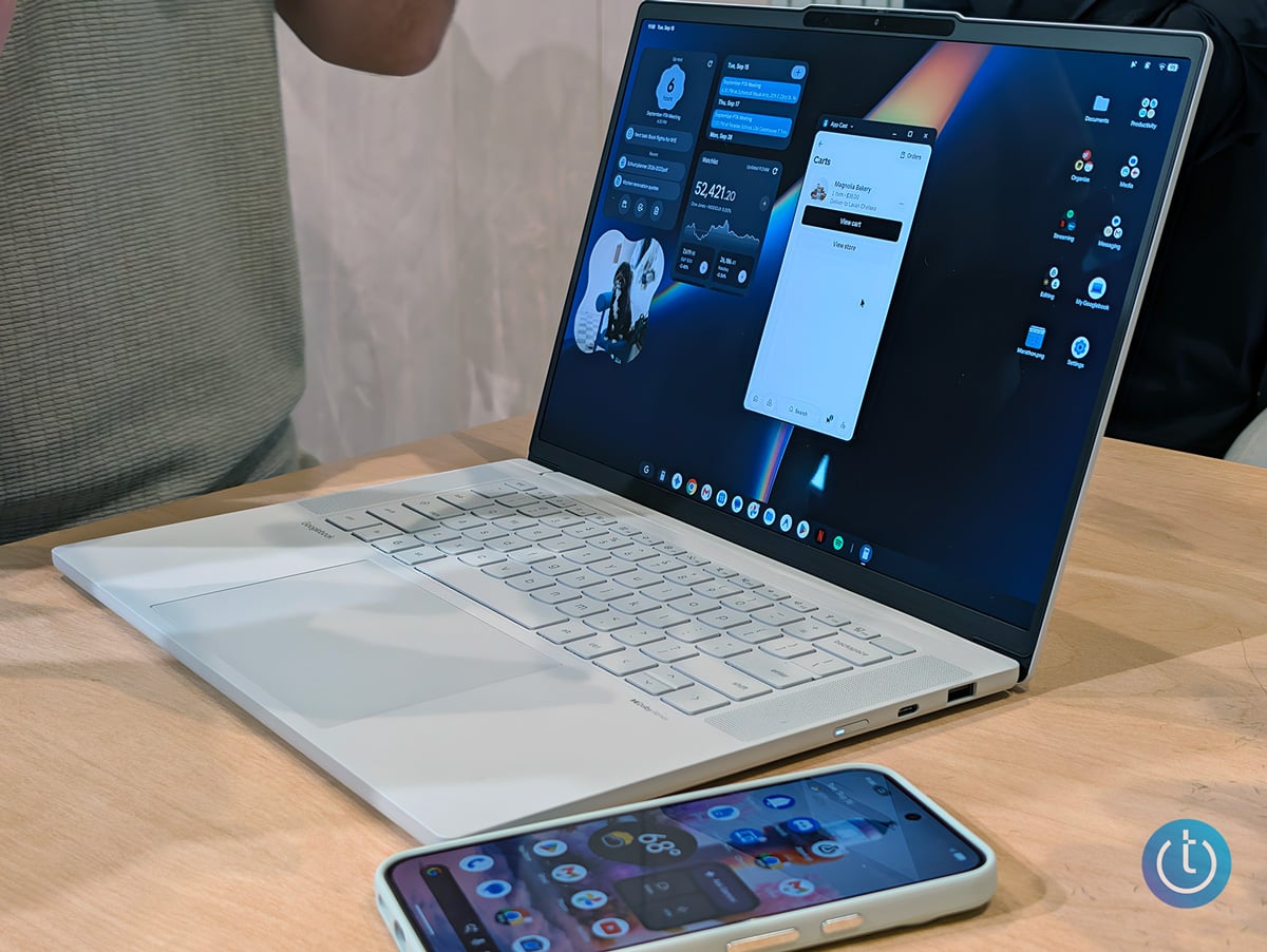 The Lenovo Googlebook 15 is shown with an Android app open on its home screen.
