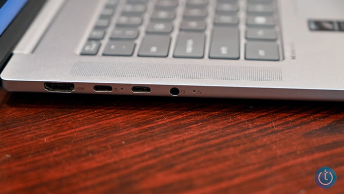 On the left side of the Lenovo IdeaPad Slim 5x, there is an HDMI 2.1 port, two USB-C ports, and a headphone jack.