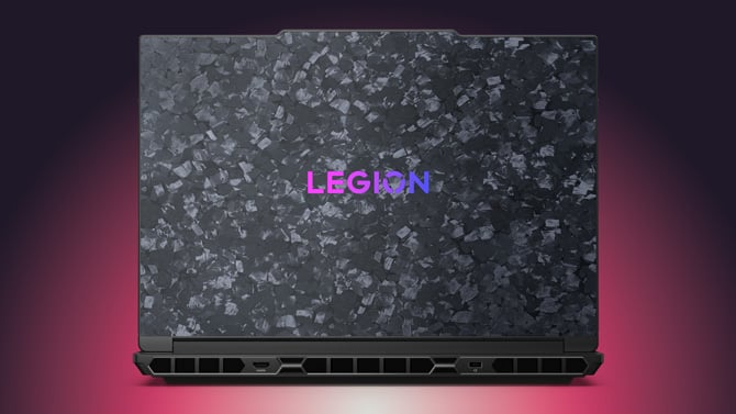 The Lenovo Legion 9i Gen 10 shown from the back so you can see the carbon fiber lid