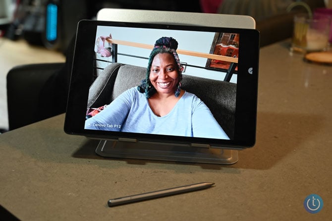 Lenovo Tab P12 showing a video chat onscreen
