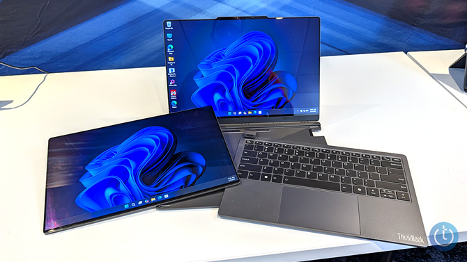 Lenovo ThinkBook Modular AI PC Concept with the back display and keyboard detached.