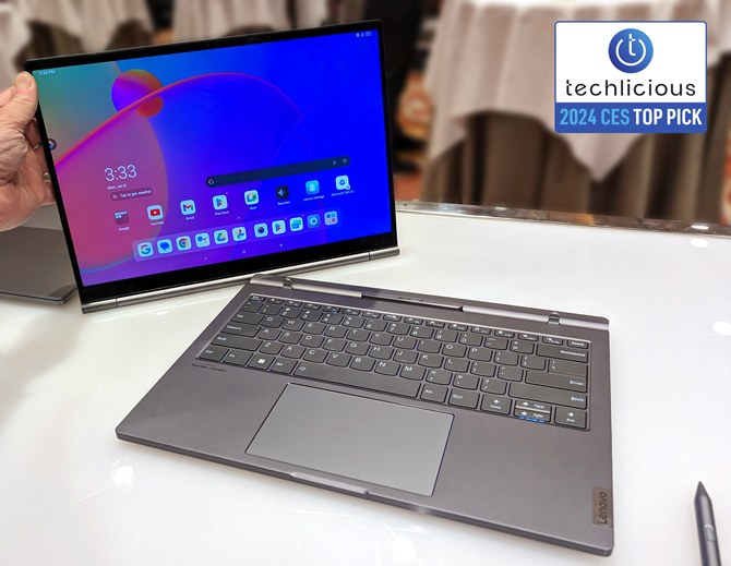 Lenovo ThinkBook Plus Gen 5 Hybrid with the Techlicious 2024 CES Top Pick Award logo in the upper right corner