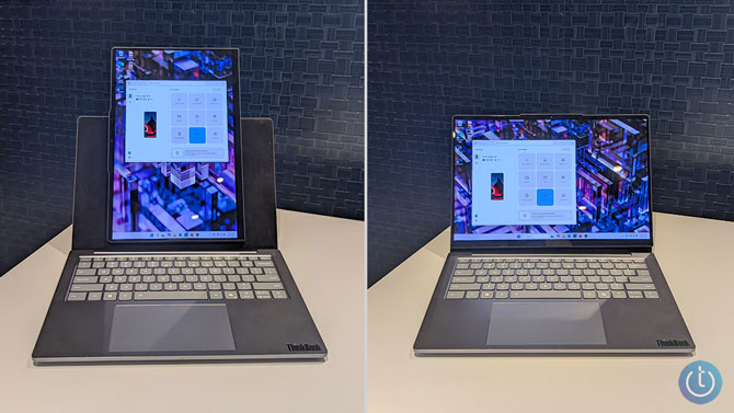 Lenovo ThinkPad VertiFlex in portrait mode on the left and horizontal mode on the right.