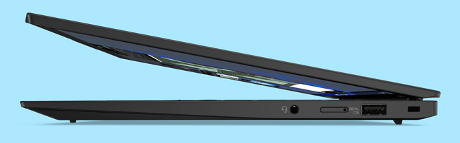 Lenovo ThinkPad X1 Carbon Gen 11 shown from the side partially closed.